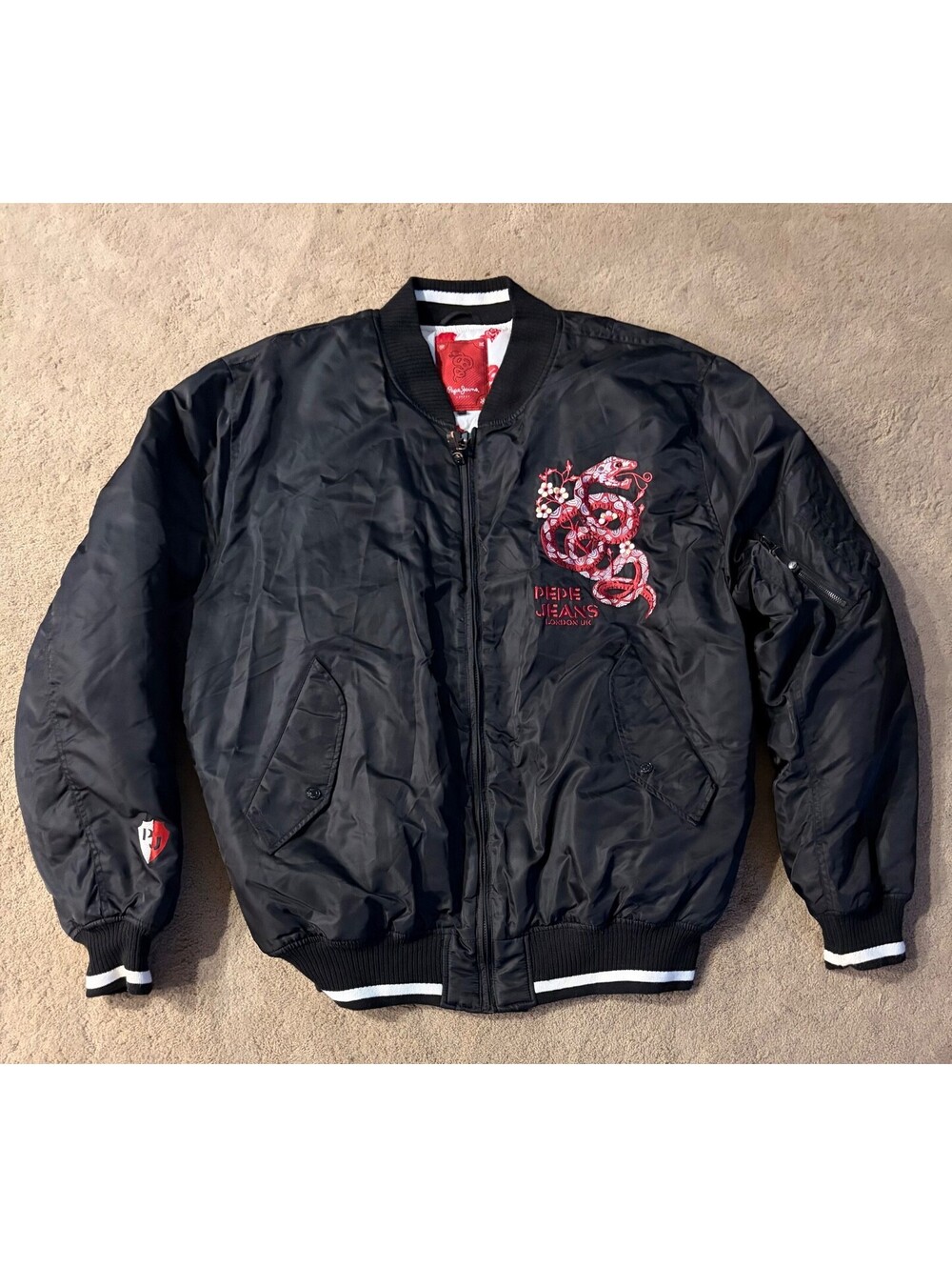Vtg Pepe Jeans London Bomber Jacket Satin Red Snake Embroidery 2 Sided Mens 3XL